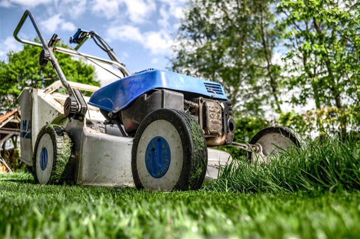 Close up shot of a blue lawnmower with cut grass in the foreground and long grass in the background.